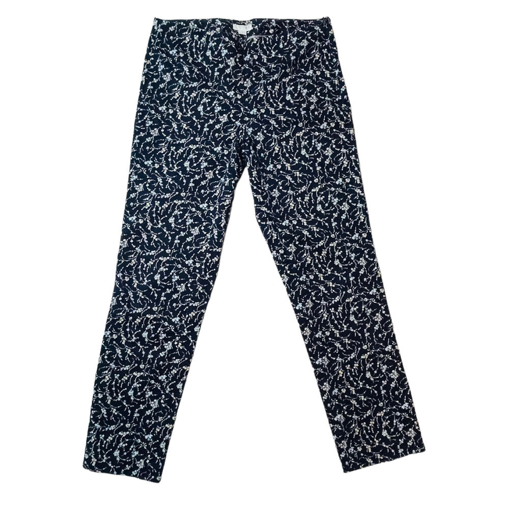 🍀J. Jill Womens Navy Blue Floral Print Side Zip Cotton Straight Leg Pants Size 2